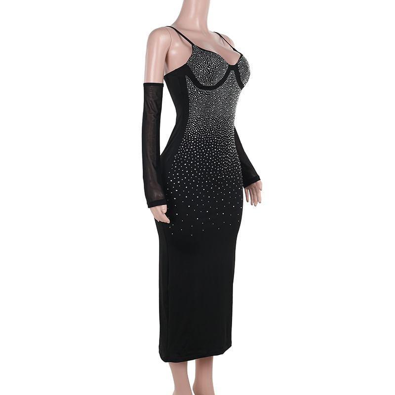 Set: Spaghetti Strap V-Neck Rhinestone Open Back Maxi Bodycon Dress + Arm Sleeves Product Image