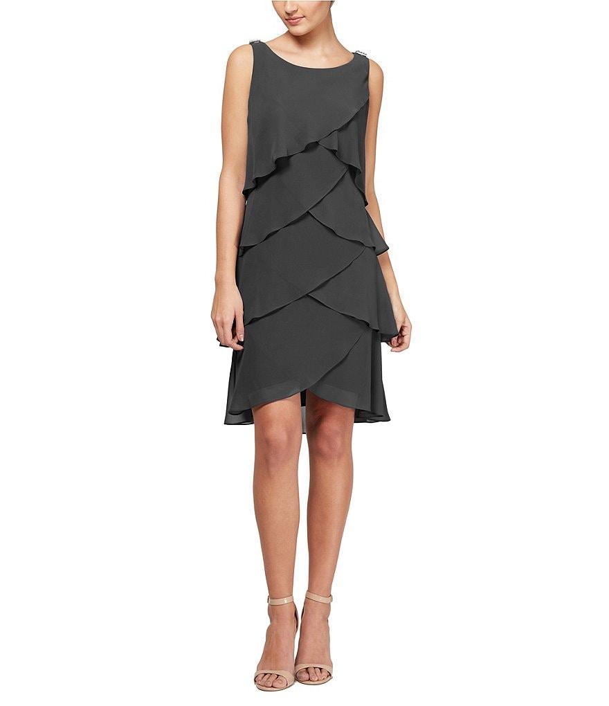 Ignite Evenings Sleeveless Crew Neck Tulip Tiered Chiffon Shift Dress Product Image