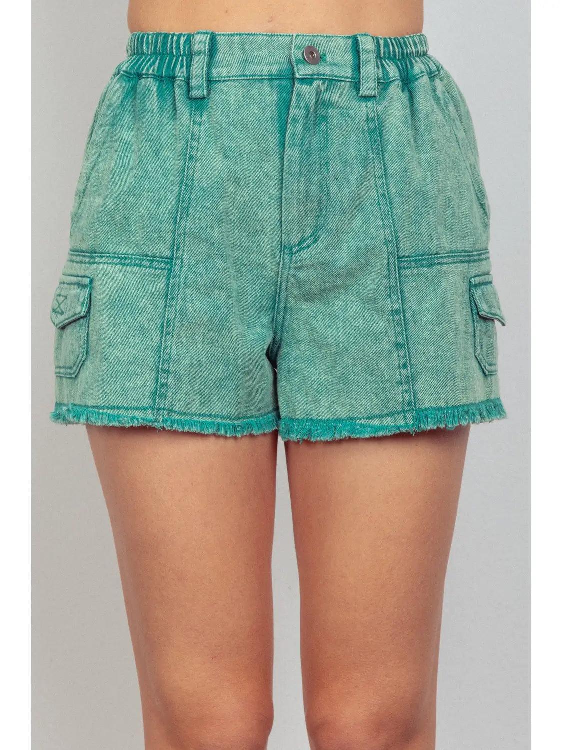 Green Washed Cotton Twill Washed Denim Cargo Shorts Product Image
