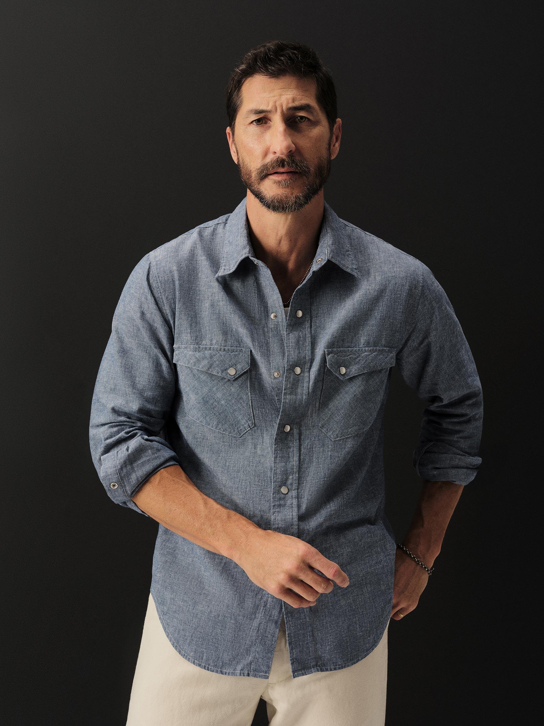 Light Blue End on End Linen/Cotton Pacific Drifter Western Shirt Product Image