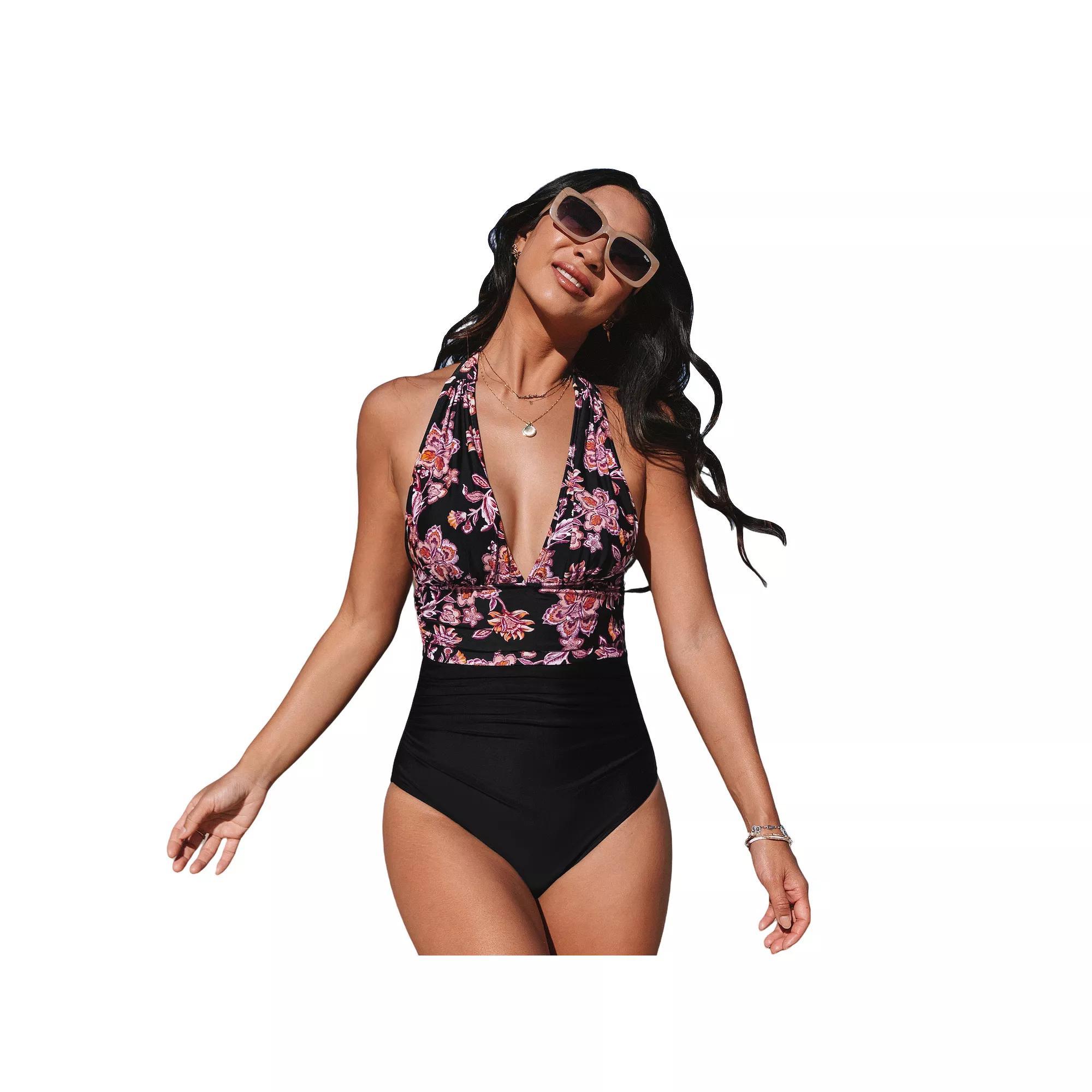 Women's Cupshe Plunging Halterneck Tummy Control One-Piece Swimsuit, Size: Medium, Black Product Image