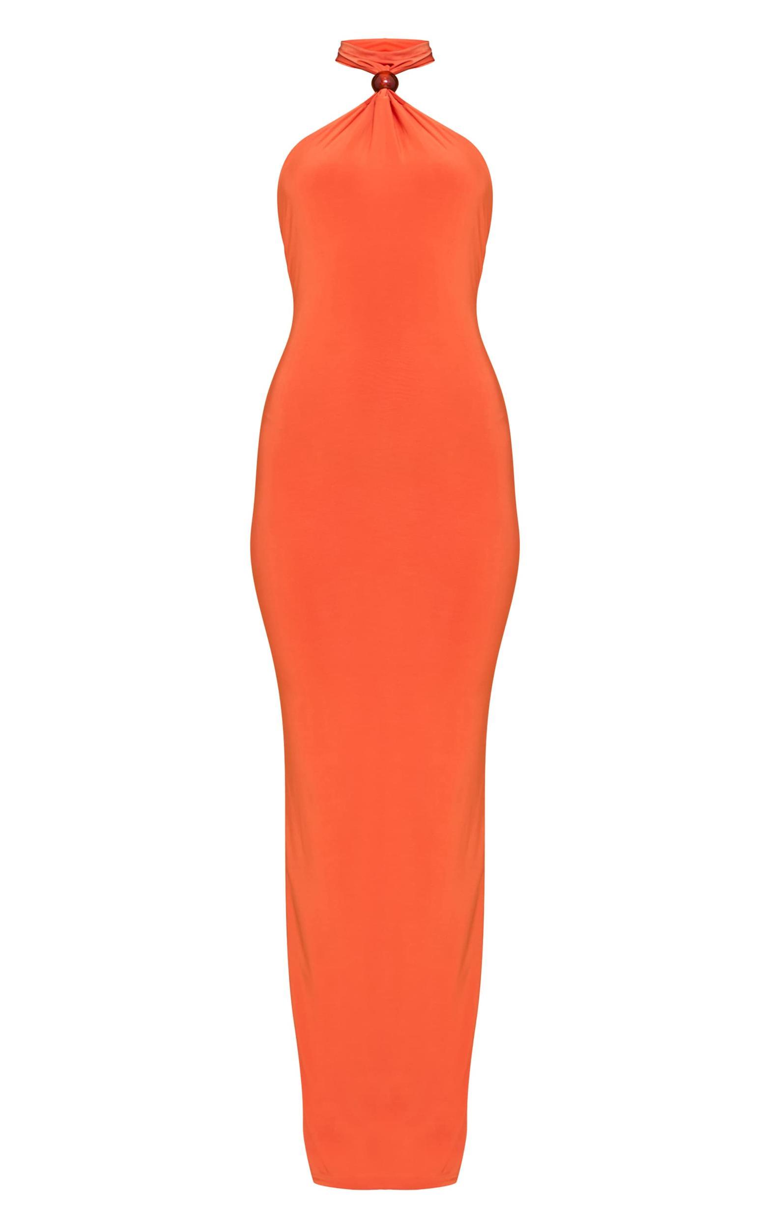 Burnt Orange Slinky Bead Detail Halter Maxi Dress Product Image