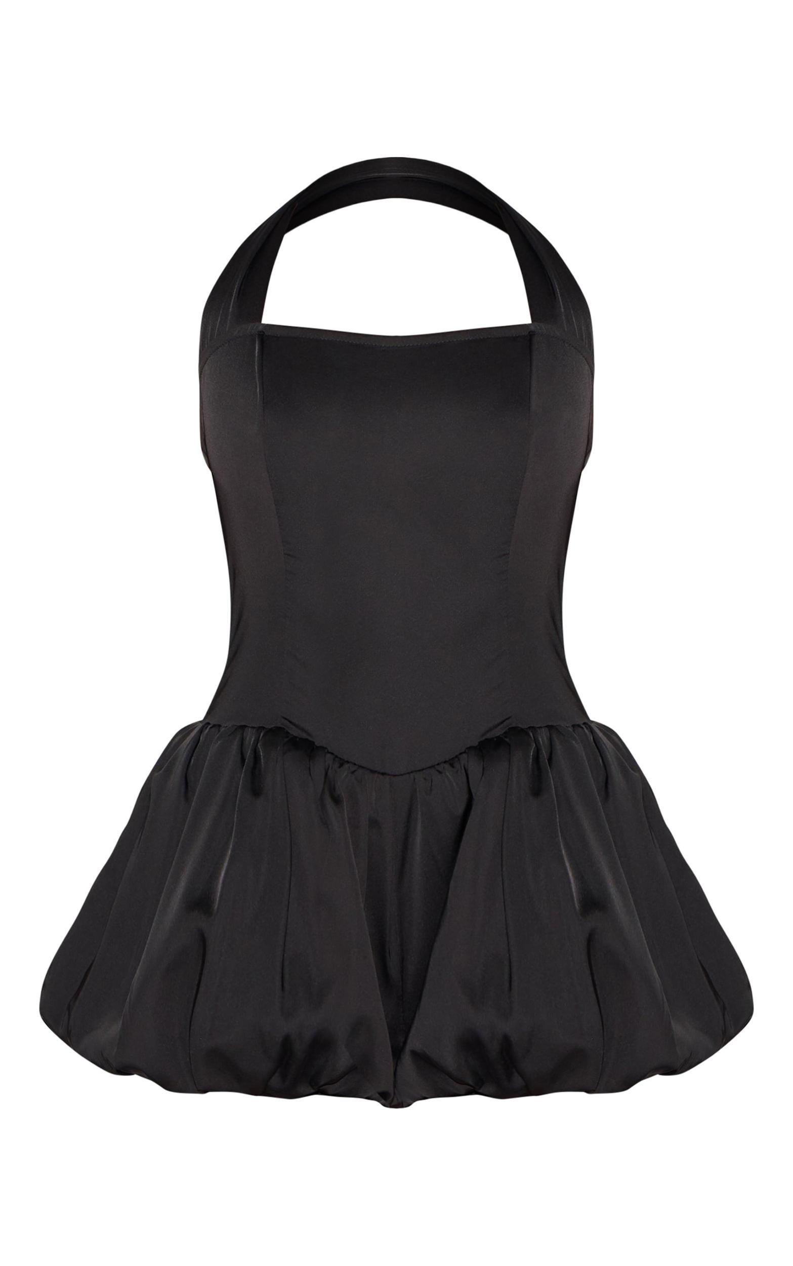 Black Satin Halter Neck Puffball Romper Product Image