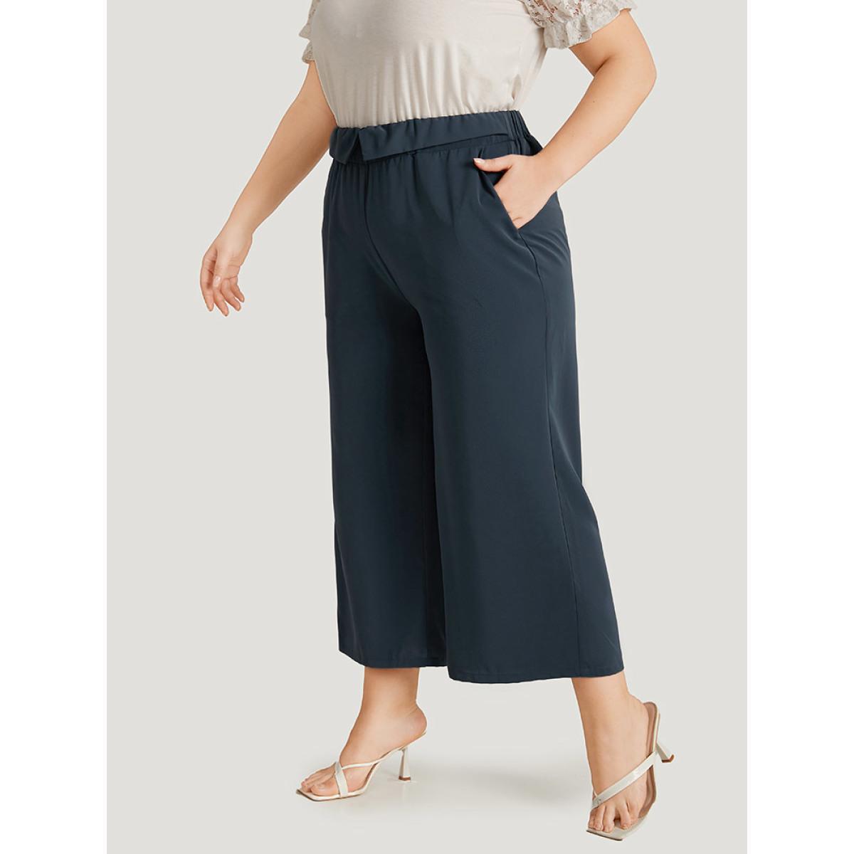 Plus Size Solid Buckle Detail Pocket Straight Leg Pants Women Indigo Elegant Straight Leg High Rise Dailywear Pants BloomChic 18-20/2X Product Image