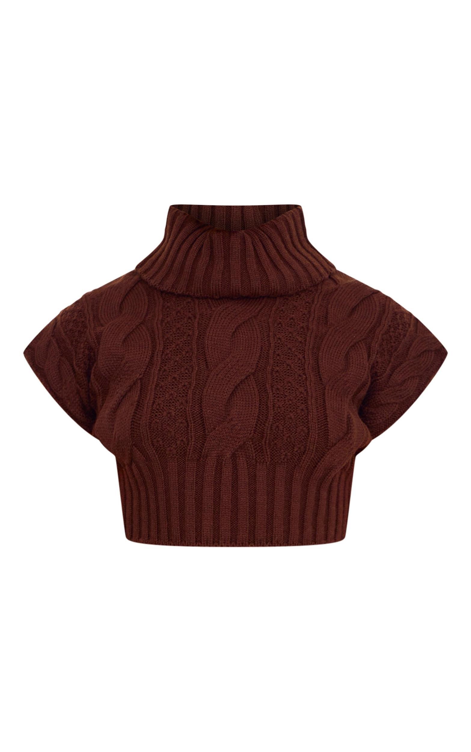 Chocolate Cable Knit Roll Neck Cap Sleeve Cropped Vest Product Image