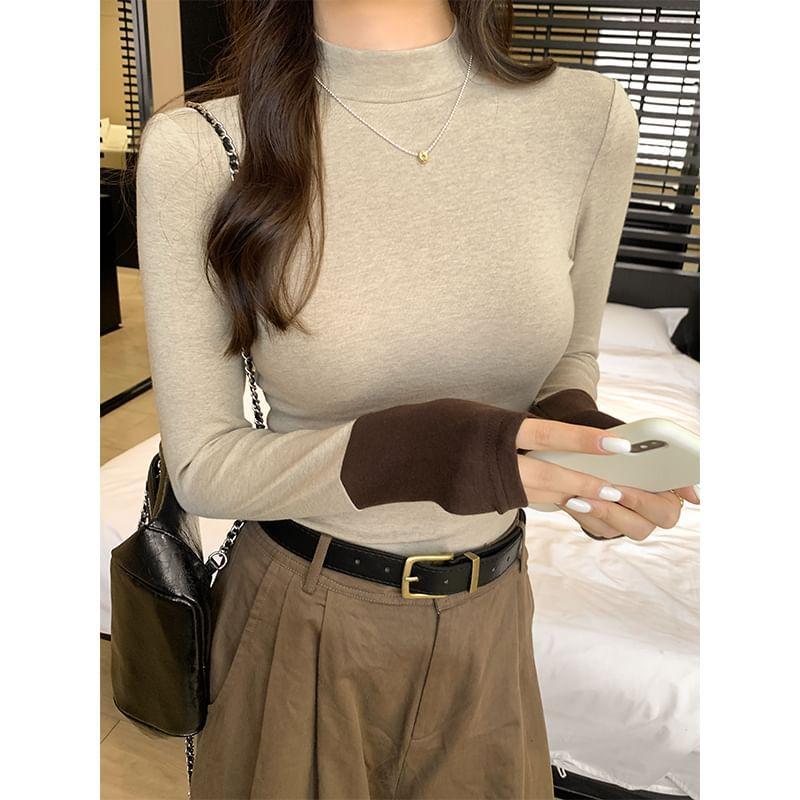 Long Sleeve Mock Neck Color Block Slim Fit Tee Product Image