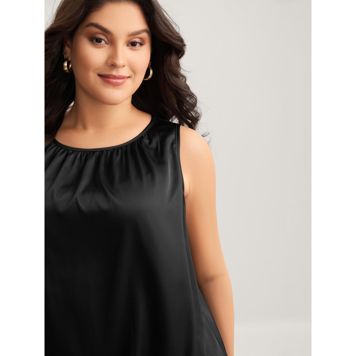 Plus Size Shimmery Pleated Relaxed Fit Top Women Black Gathered Boat Neck Everyday-Elegant Tank Tops Camis BloomChic 28/5X Product Image