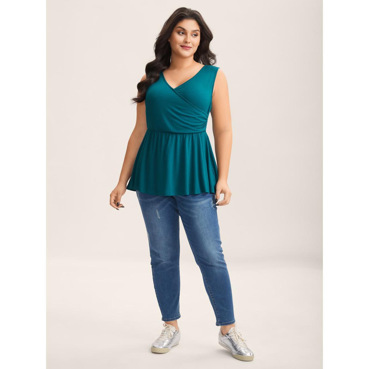 Plus Size Overlap Front Stretchy Gathered Tank Top Women Aegean Overlapping Overlap Collar Everyday-Casual Tank Tops Camis BloomChic 10/M Product Image