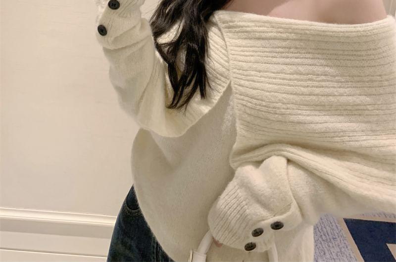 Off-Shoulder Plain Buttoned Cuff Sweater Product Image