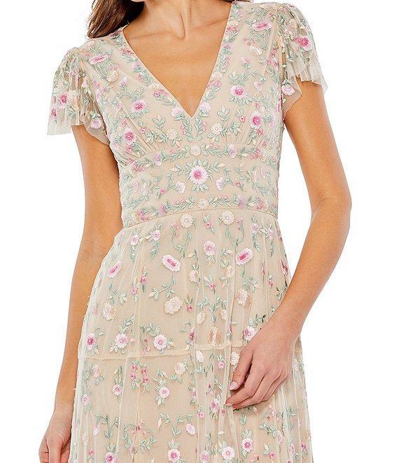 Mac Duggal Short Flutter Sleeve Plunge V-Neck Floral Print A-Line Dress Product Image
