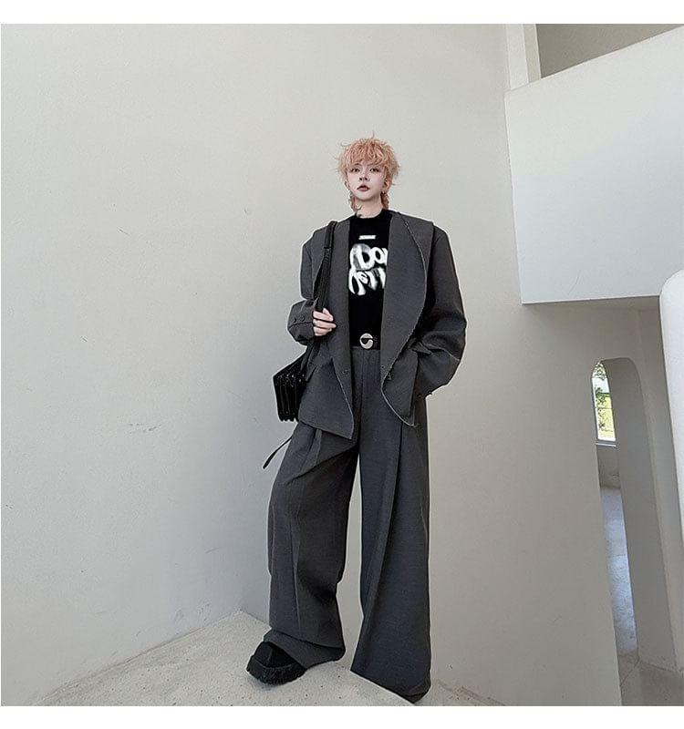 Set: Hooded Plain Blazer + High Waist Wide Leg Dress Pants Product Image