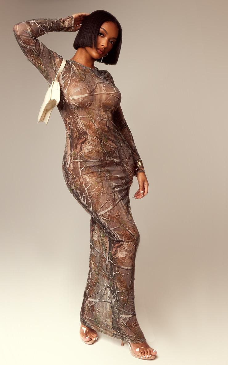 Shape Khaki Abstract Camo Print Long Sleeve Maxi Dress Product Image
