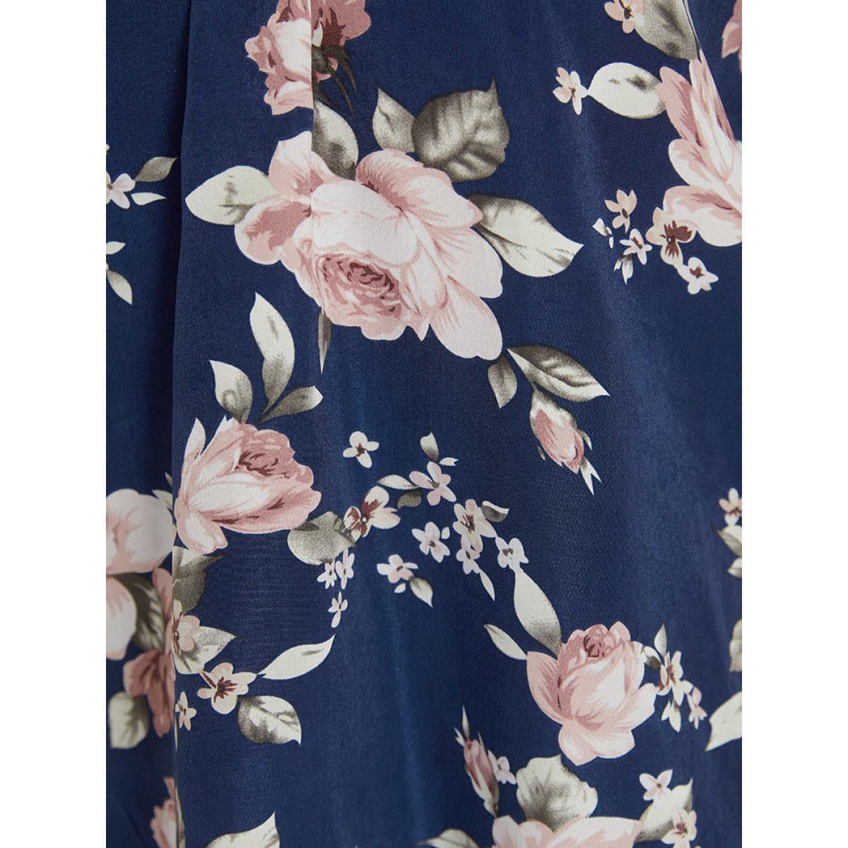 Plus Size Indigo Floral Print V Neck Plicated Detail Tab Sleeve Blouse Women Elegant Half Sleeve V-neck Dailywear Blouses BloomChic 26/4X Product Image