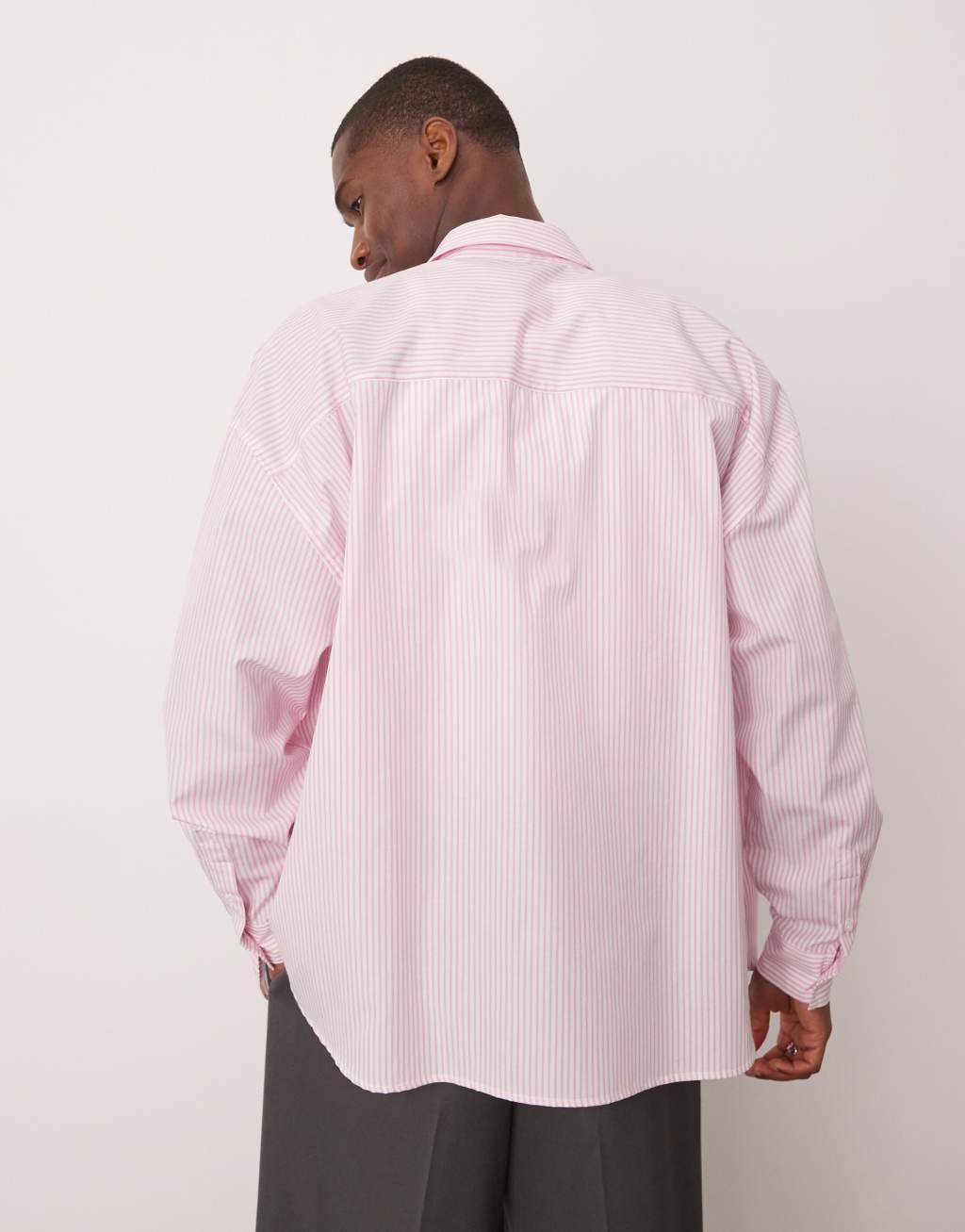 ASOS DESIGN volume oversized shirt in pink stripe Product Image