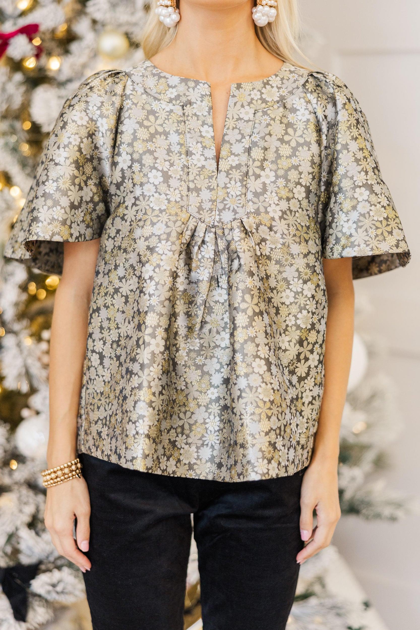 Just A Theory Gray Floral Brocade Blouse Female Product Image