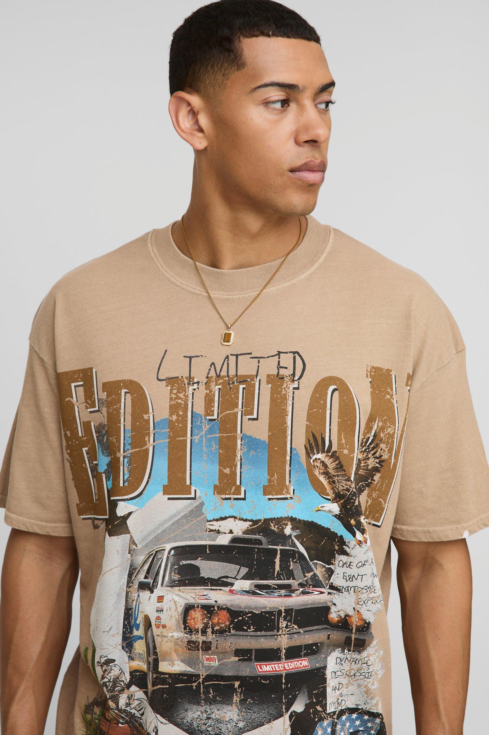Sand Oversized Extended Neck Western Edition Graphic T-Shirt | boohooMAN USA Product Image