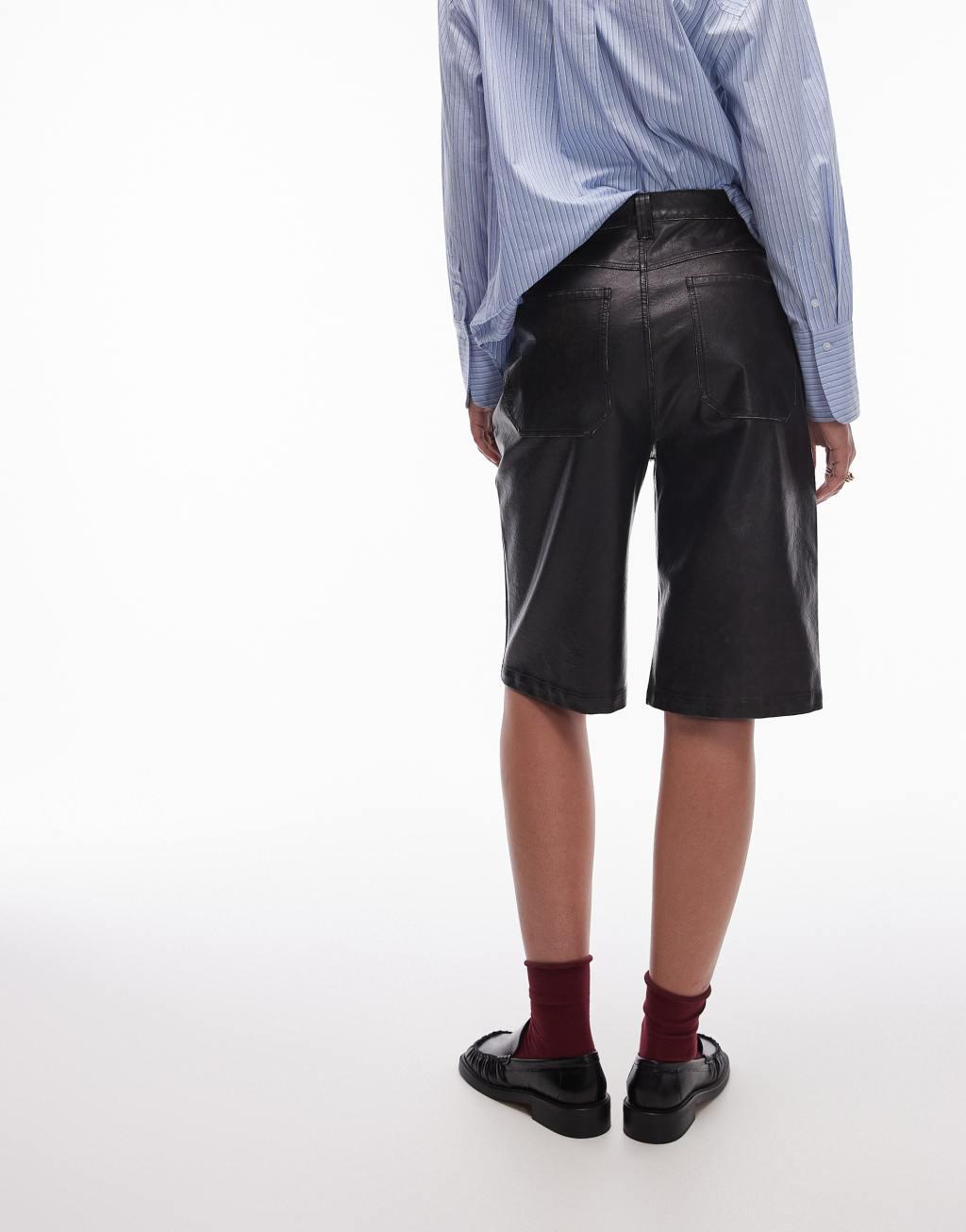 Topshop faux leather awkward length shorts in washed brown Product Image