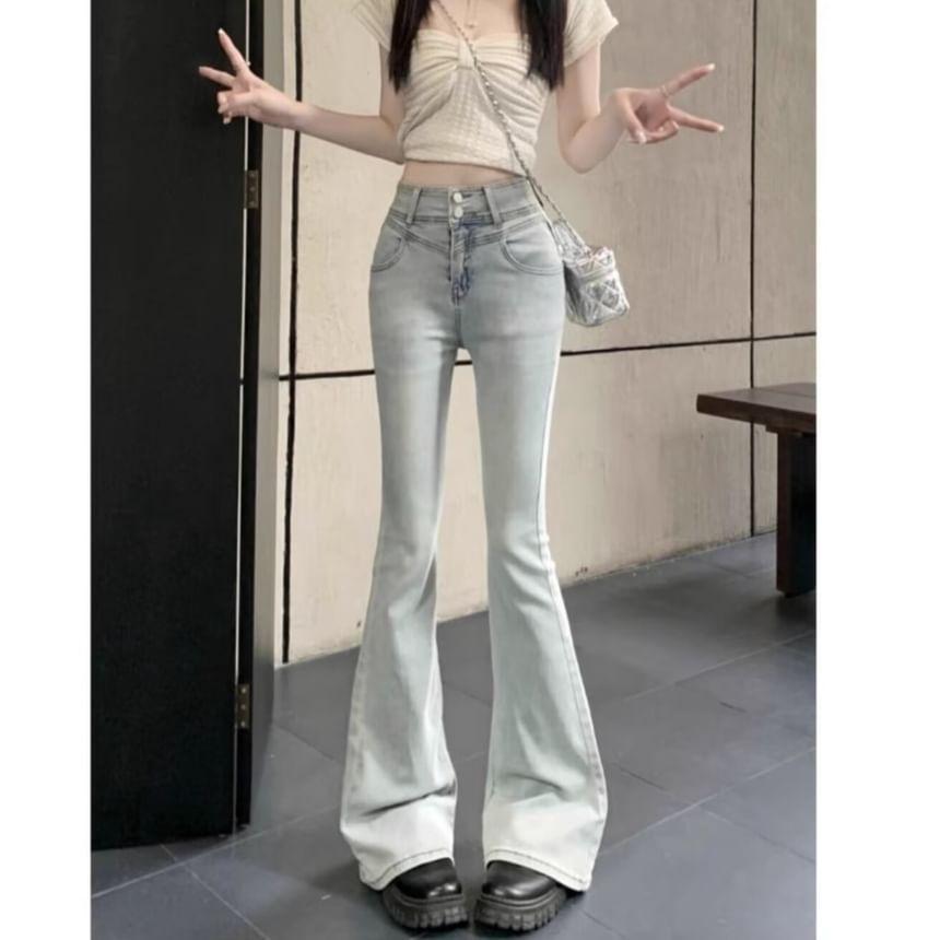 High Waist Washed Bow Lace Trim Flared Jeans Product Image