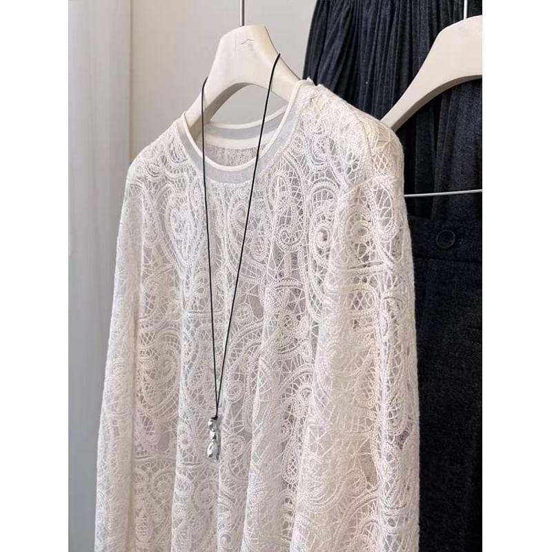 Long Sleeve Round Neck Floral Lace Top Product Image