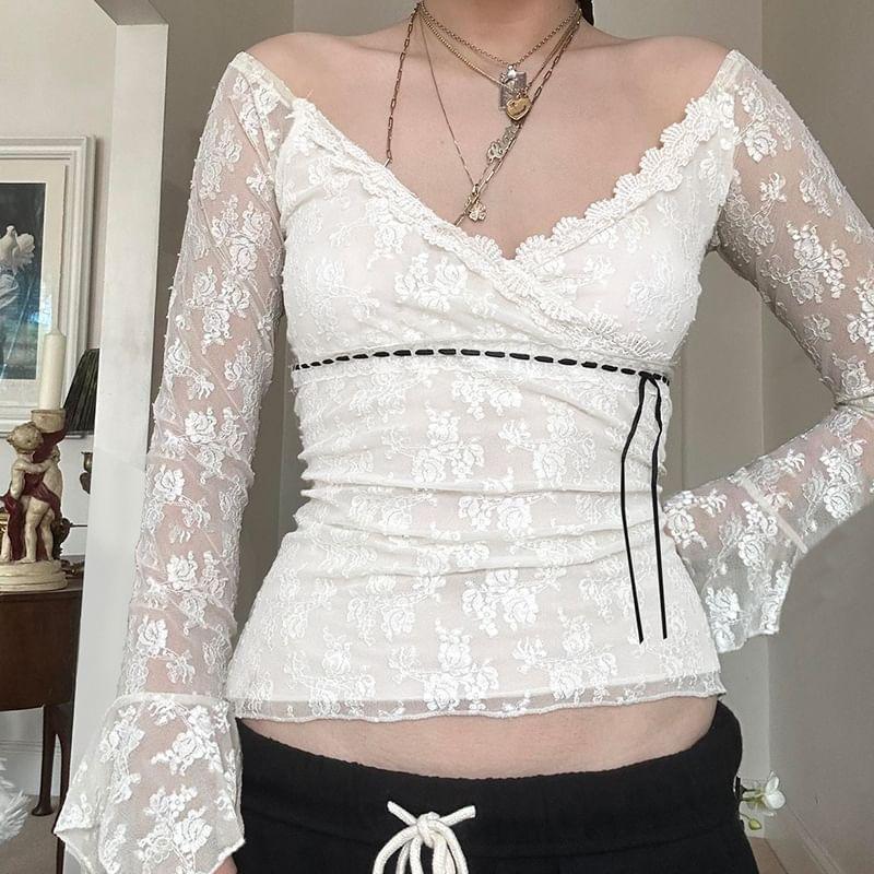 Bell Sleeve V-Neck Floral Embroidered Lace Panel See-Through Slim-Fit Top Product Image