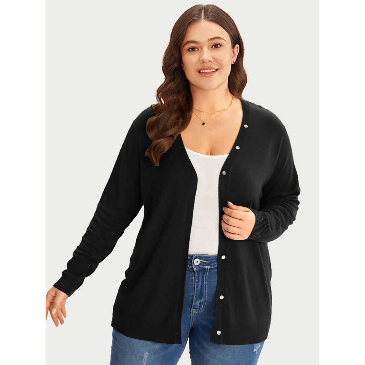Plus Size Supersoft Essentials Plain Button Detail Very Stretchy Cardigan Black Women Casual Loose Long Sleeve Everyday Cardigans BloomChic 28/5X Product Image
