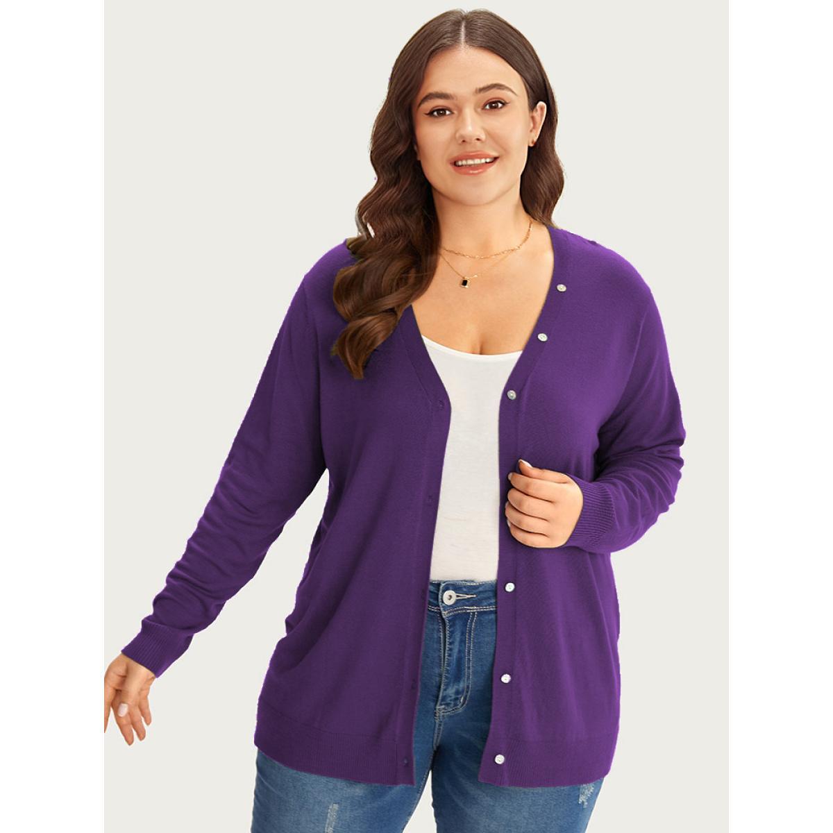 Plus Size Supersoft Essentials Plain Button Detail Very Stretchy Cardigan Blackcurrant Women Casual Loose Long Sleeve Everyday Cardigans BloomChic 12/L Product Image