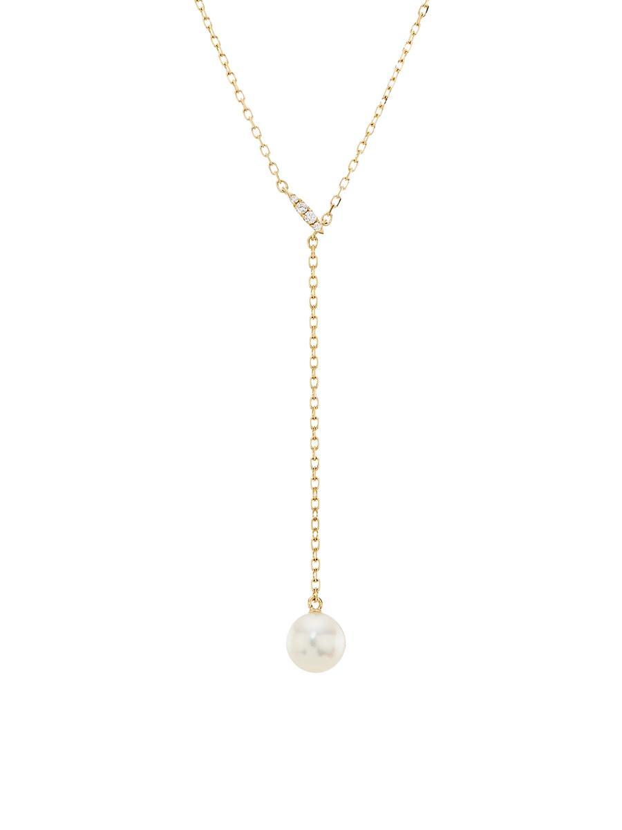Womens Classic 18K Yellow Gold, Akoya Pearl & 0.03 TCW Diamond Y Necklace Product Image