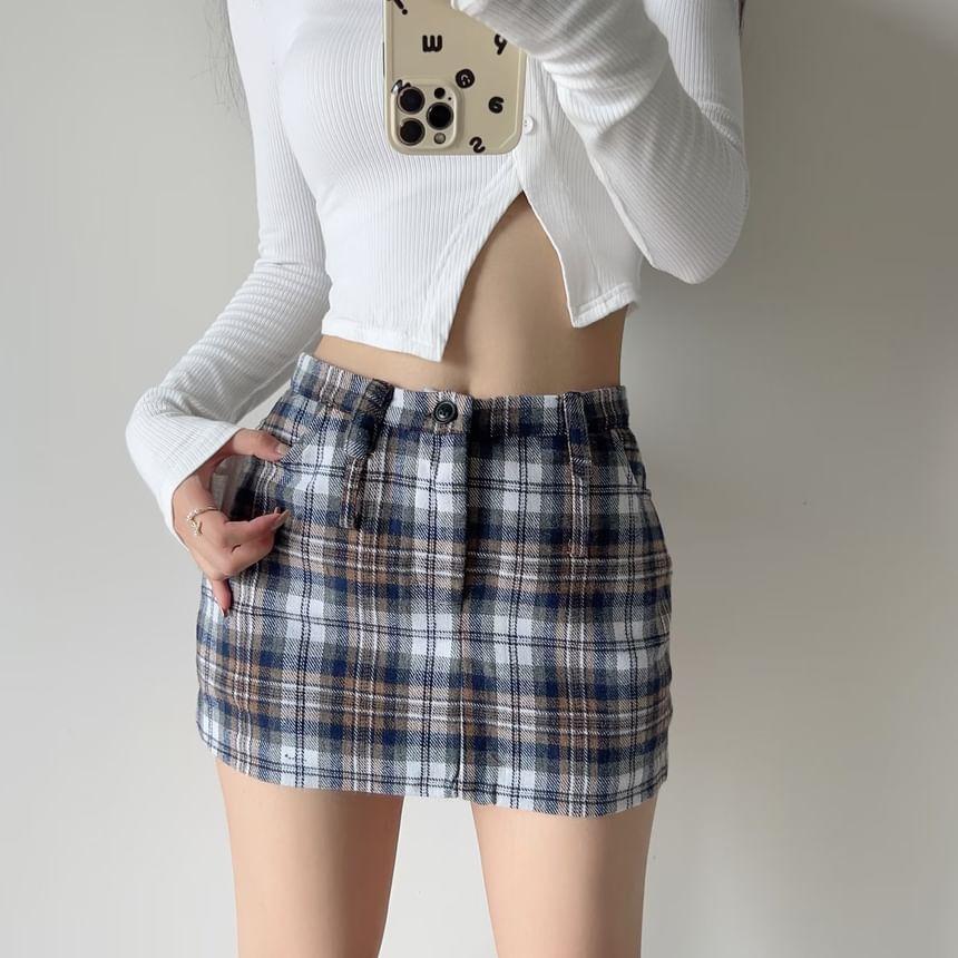 Low Rise Plaid Mini Pencil Skirt Product Image