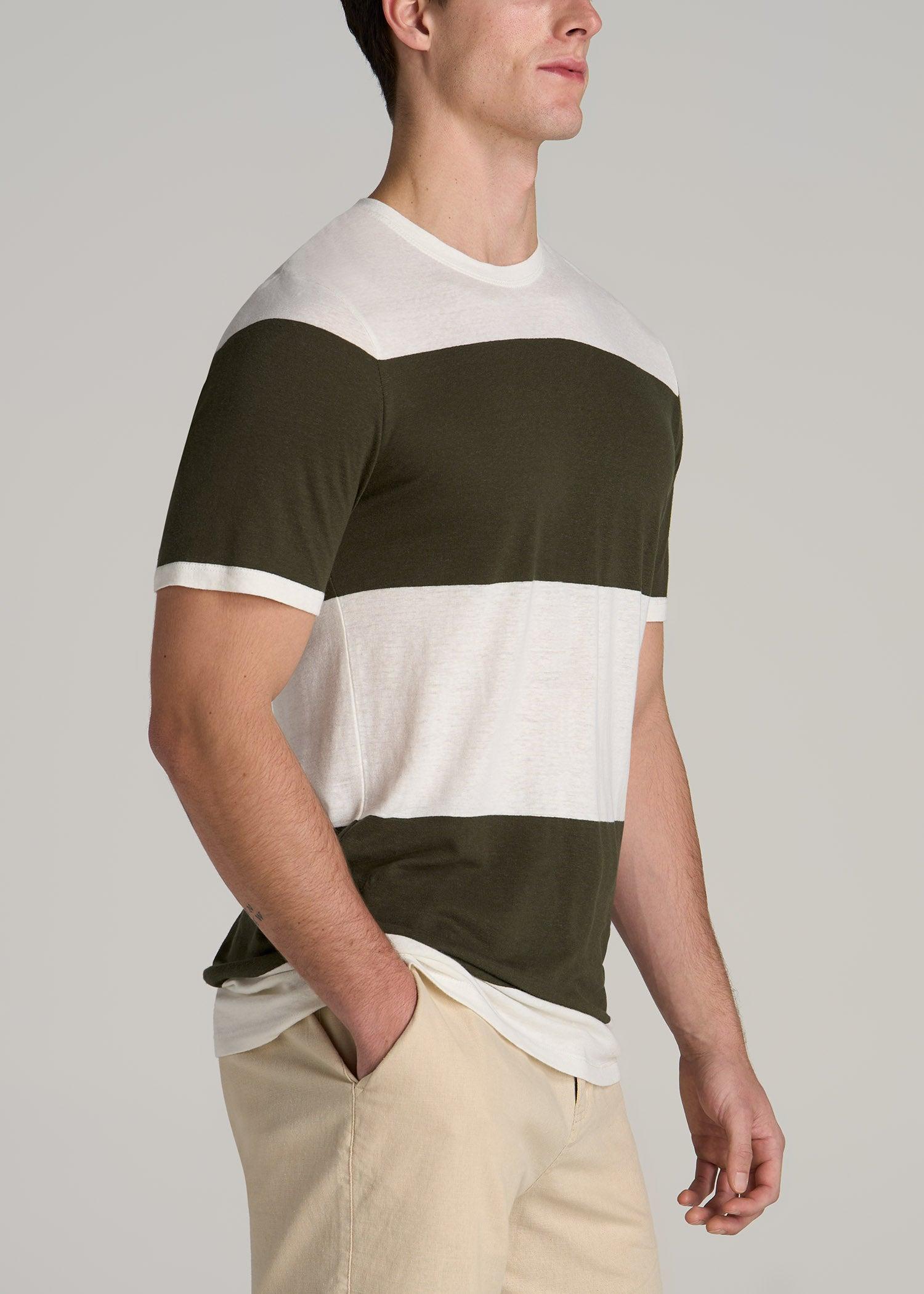Linen Crewneck T-Shirt for Tall Men in Olive and Ecru Stripe Product Image