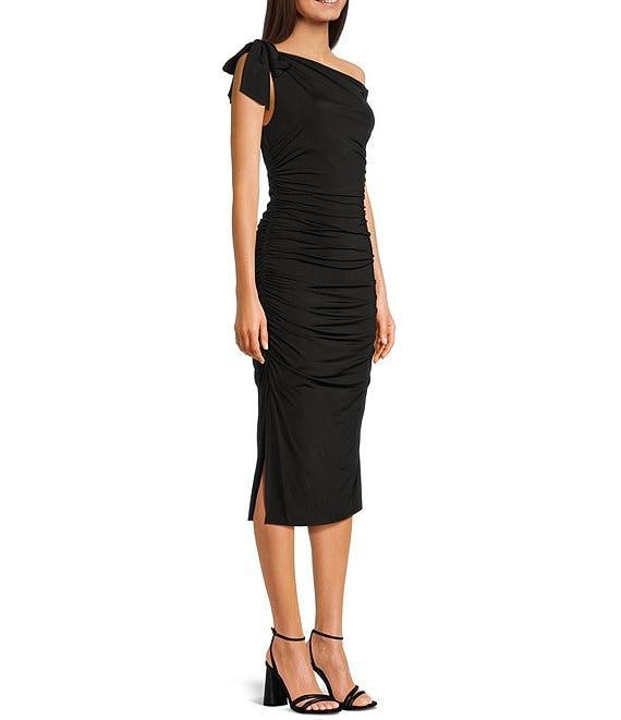 Next Up One Shoulder Bow Shirred Side Slit Midi Dress Product Image