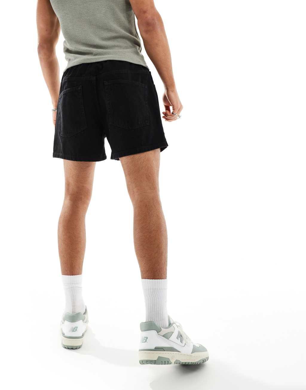 ASOS DESIGN wide shorter length denim shorts with elasticized waist in black Product Image