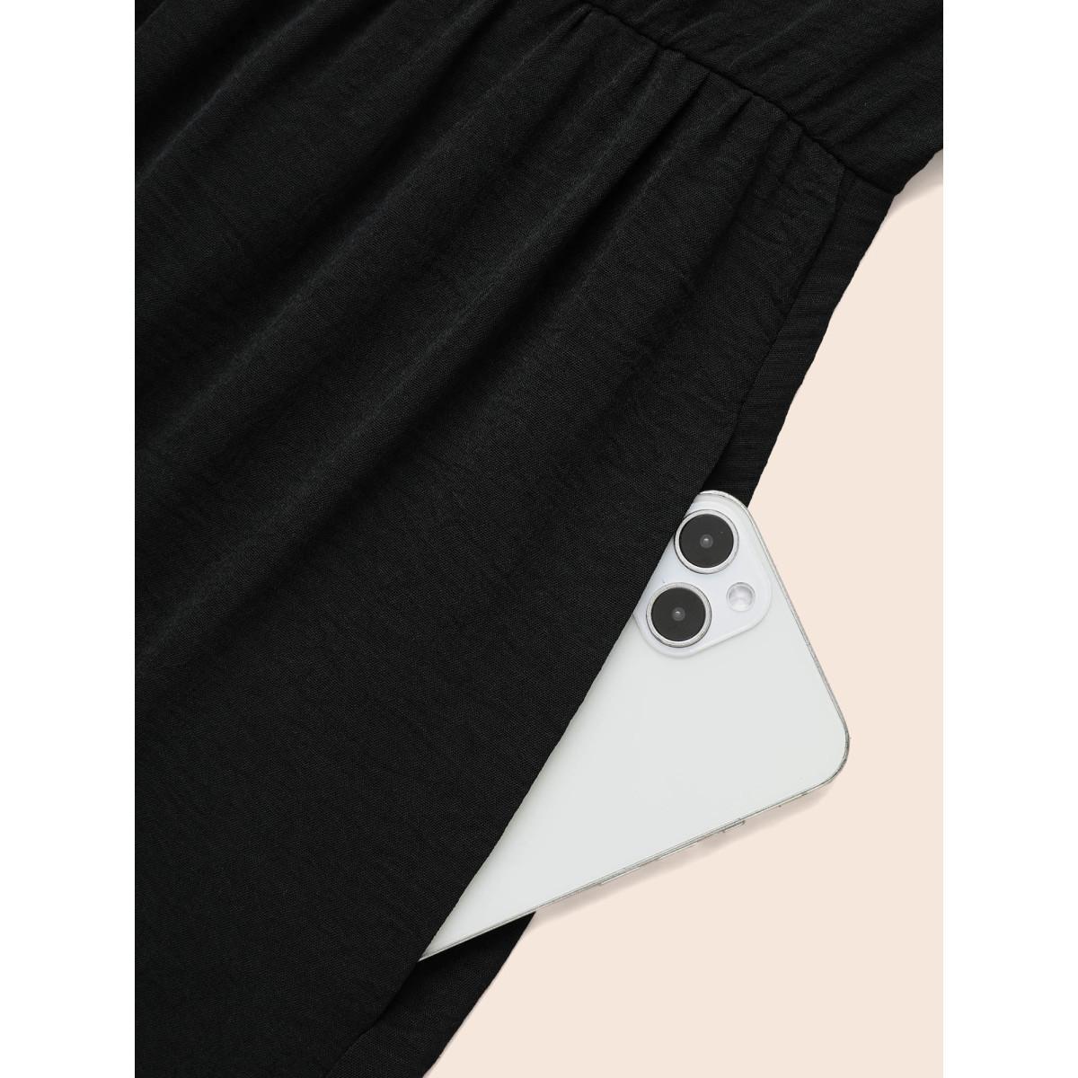 Plus Size Colorblock Contrast Gathered Lantern Sleeve Dress Black Women Elegant Contrast V-neck Long Sleeve Curvy BloomChic 26/4X Product Image