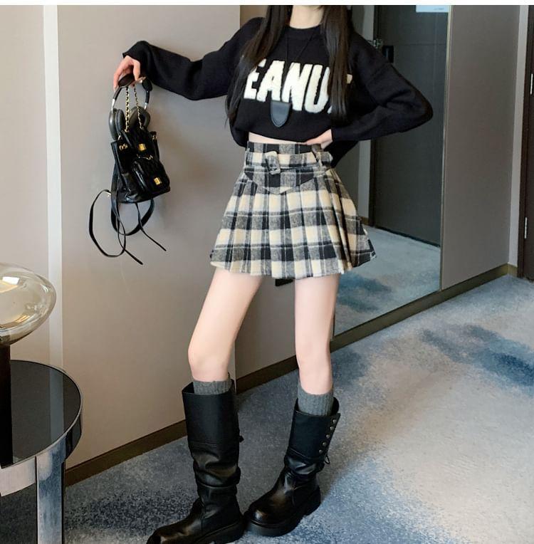 High Rise Plaid Mini Pleated A-Line Skirt Product Image