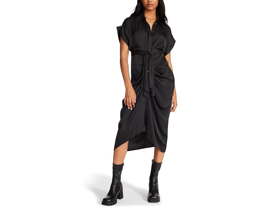 Steve Madden Tori Satin Point Collar Short Kimono Cuff Sleeve Belted Ruched Front Asymmetrical Hem Midi Shirt Dress Product Image