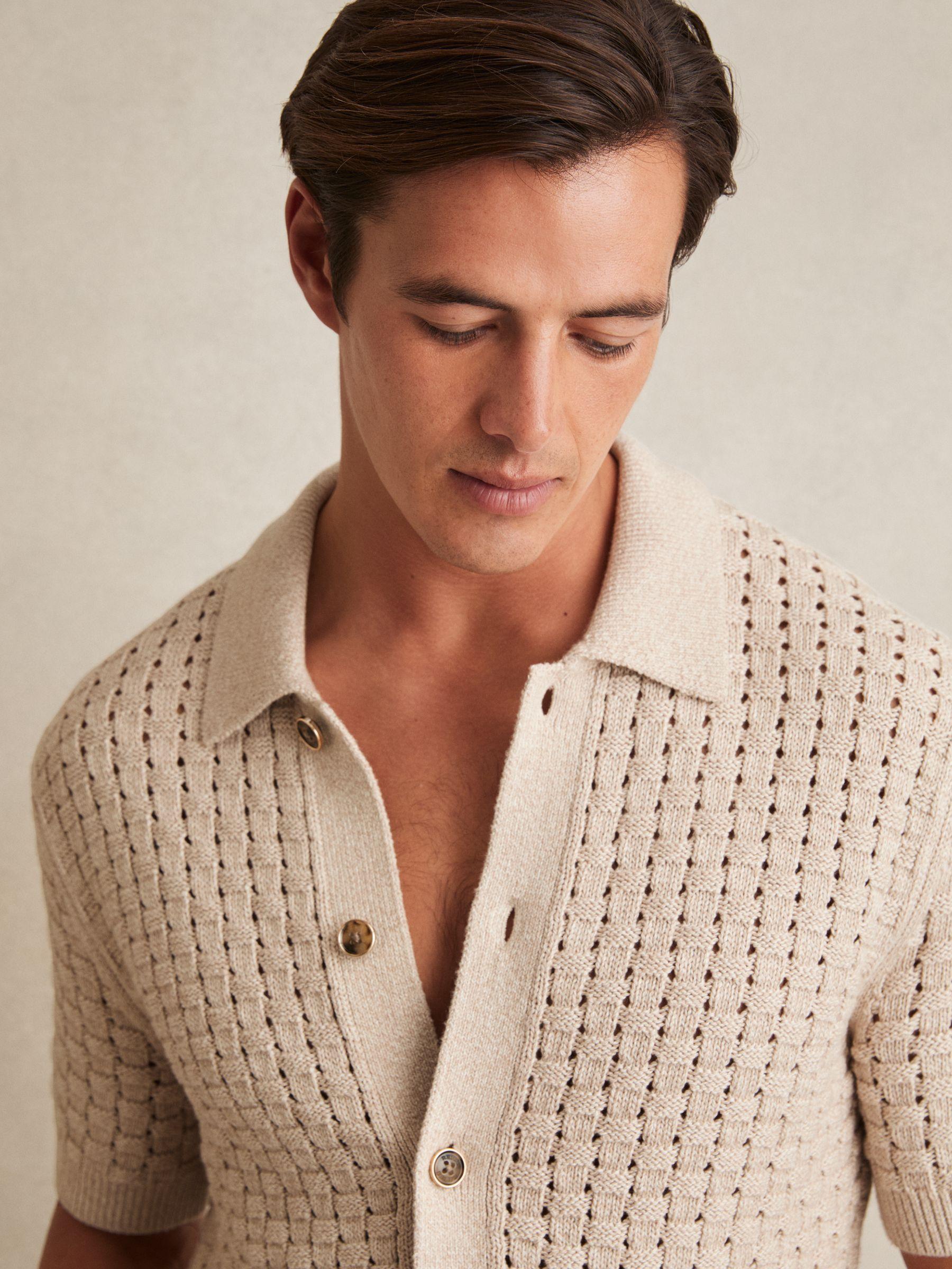 Basketweave Knit Button Through Cotton Blend Shirt in Stone Product Image