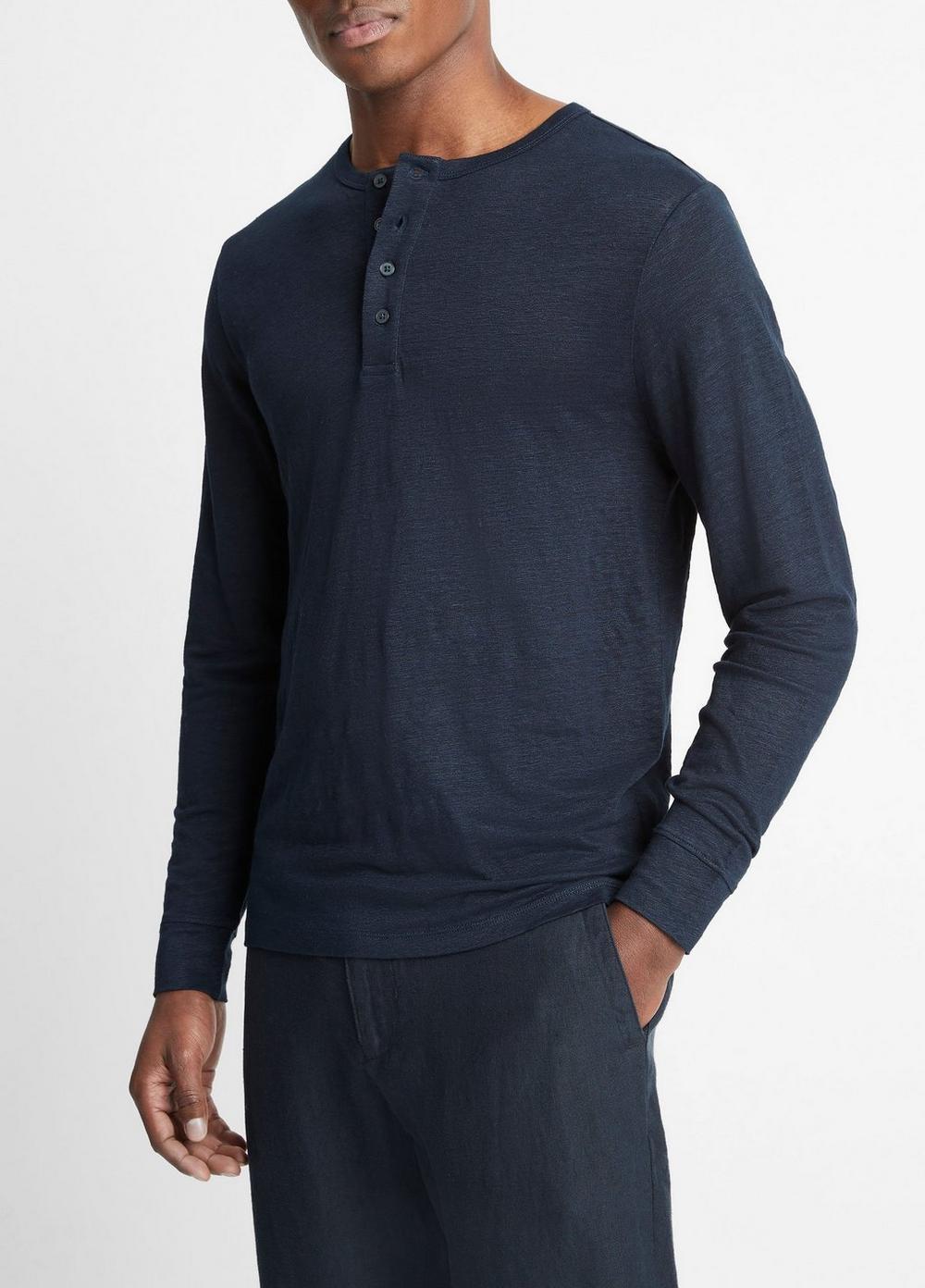 Mens Linen Long-Sleeve Henley, Coastal Blue, Size XL Vince Product Image