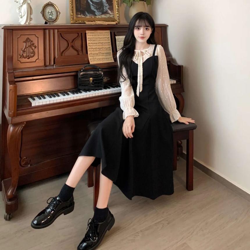 Long Sleeve Round Neck Mock Two Piece Tie Front Midi A-Line Dress Product Image