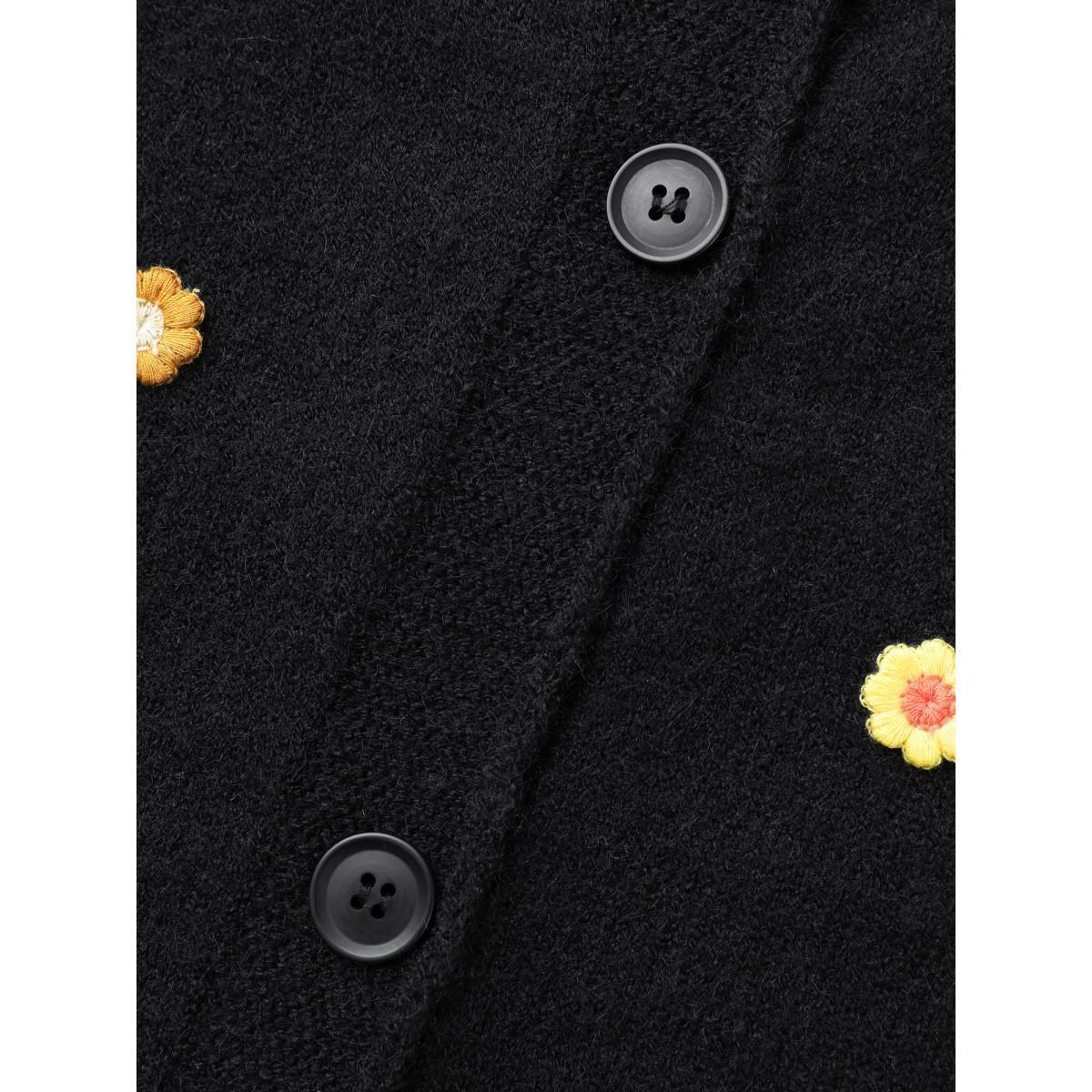Plus Size Stereo Flower Design Button Through Cardigan Black Women Casual Loose Long Sleeve Everyday Cardigans BloomChic 14-16/1X Product Image