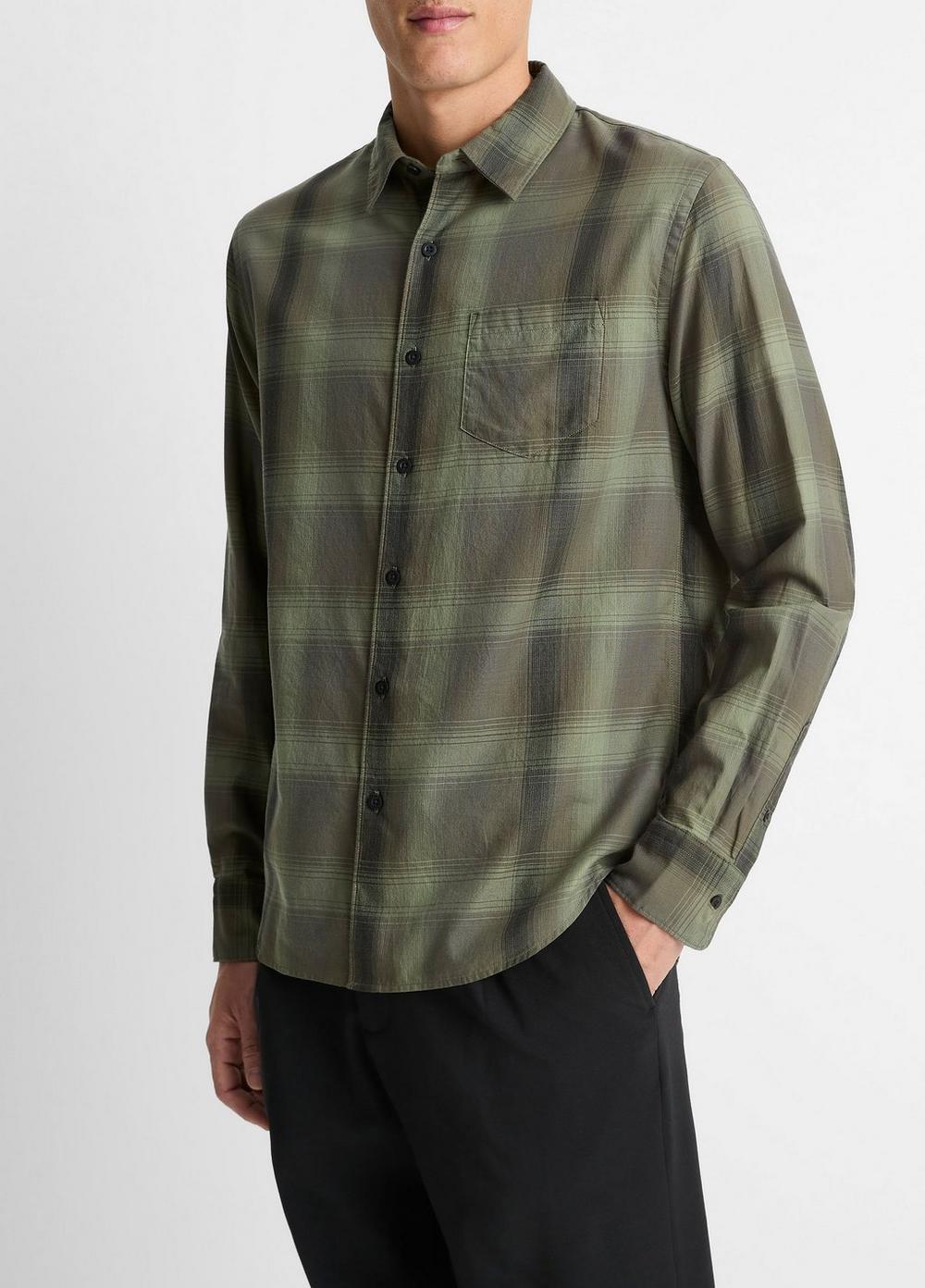 Mens Sandalwood Plaid Cotton Button-Front Shirt, Olive Leaf/black, Size L Vince Product Image