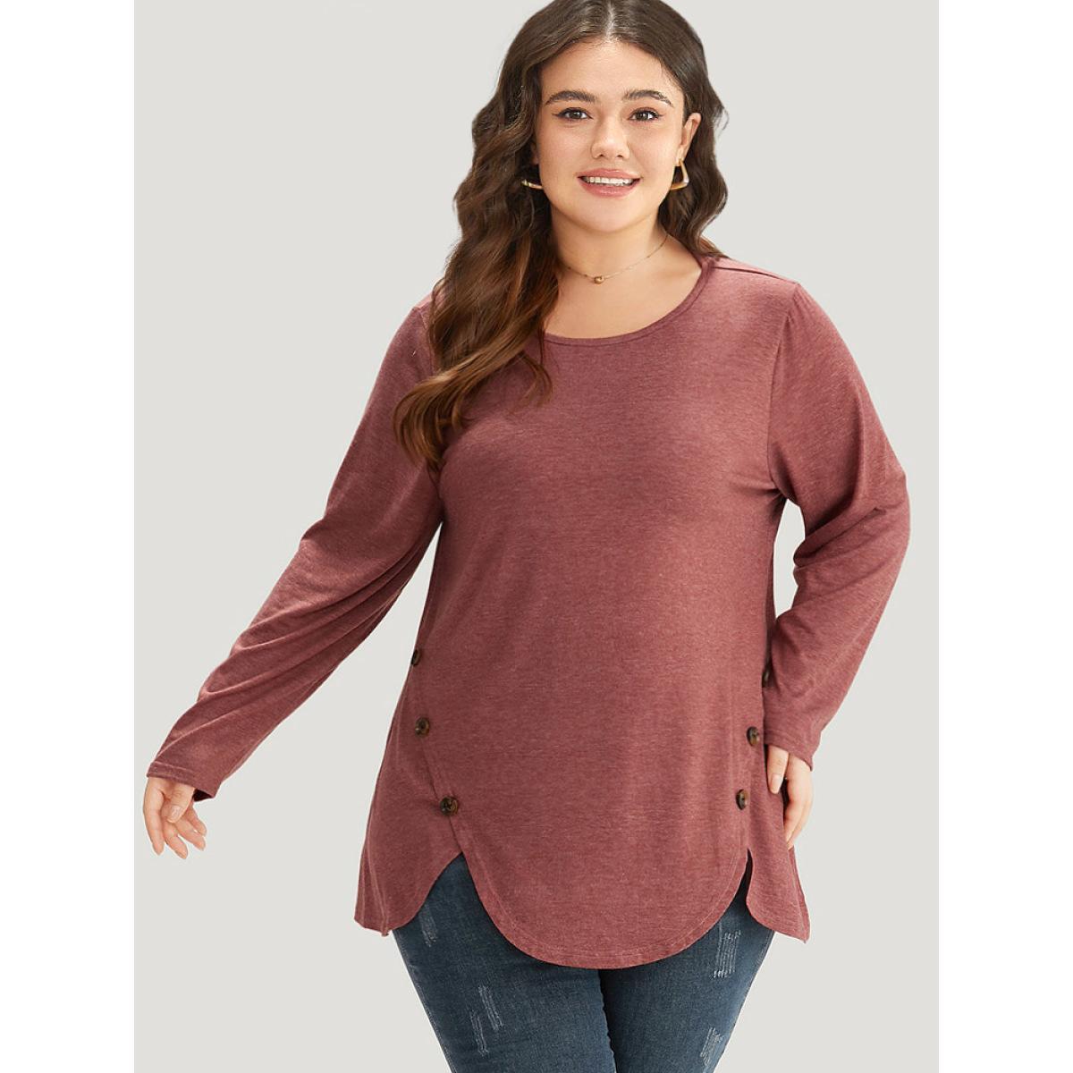 Plus Size Plain Round Neck Button Detail T-shirt Russet Women Casual Plain Plain Round Neck Dailywear T-shirts BloomChic 12/L Product Image