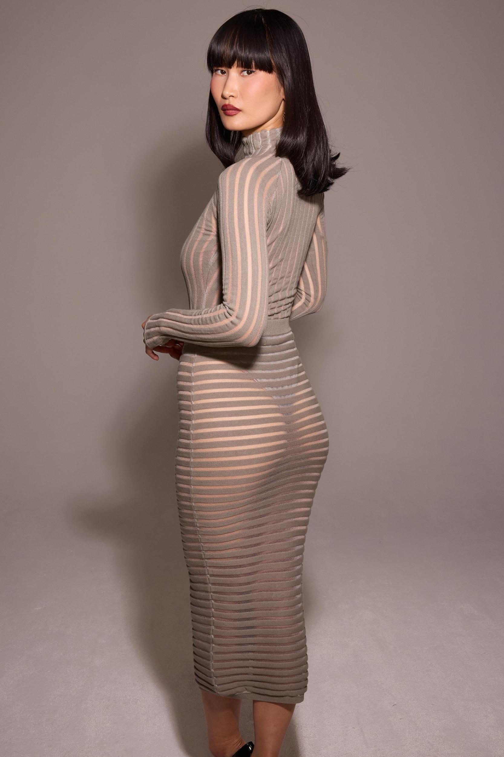 Margo  grey velour sheer striped midi skirt Product Image