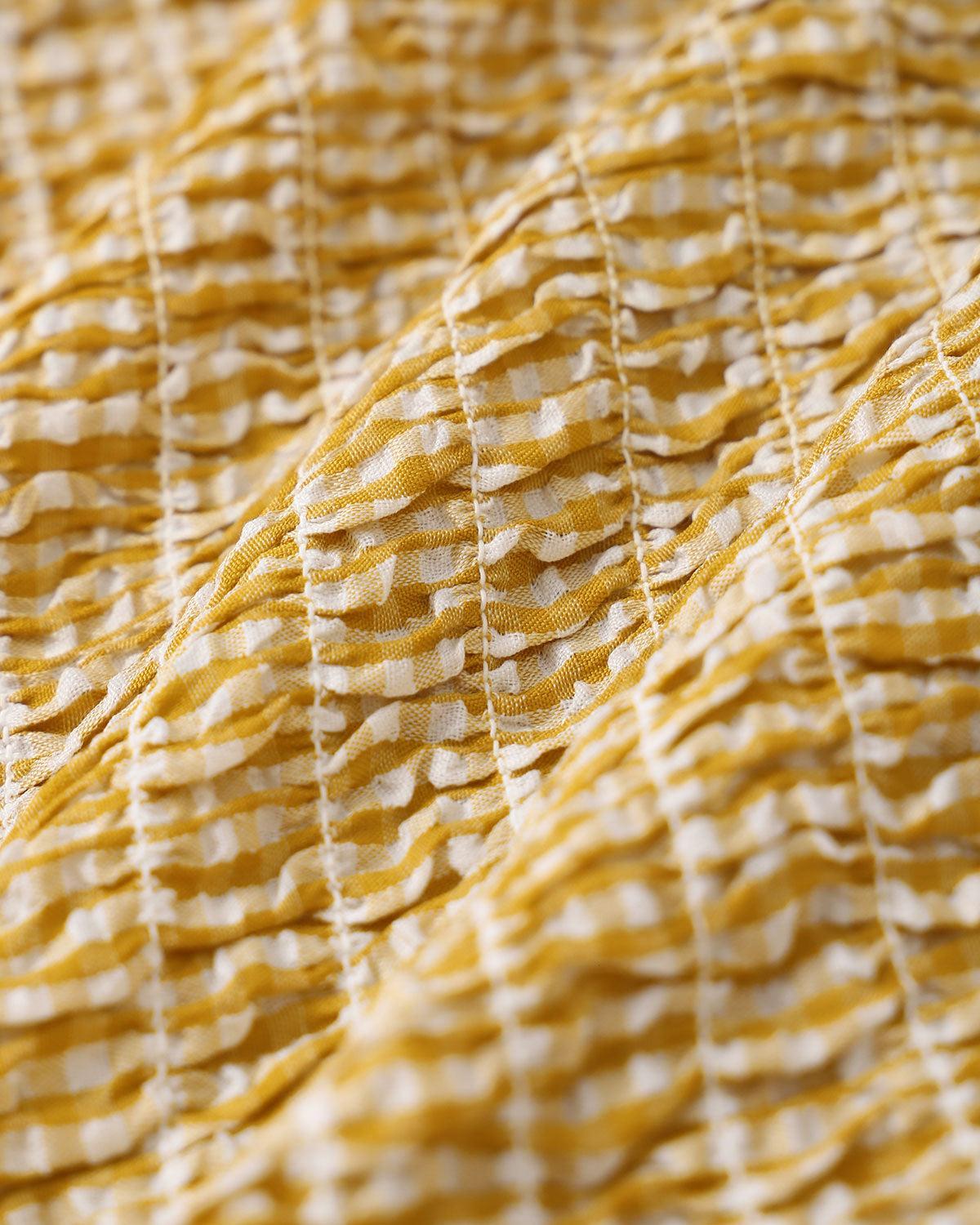 Yellow Plaid Shirred Button Mini Dress Product Image