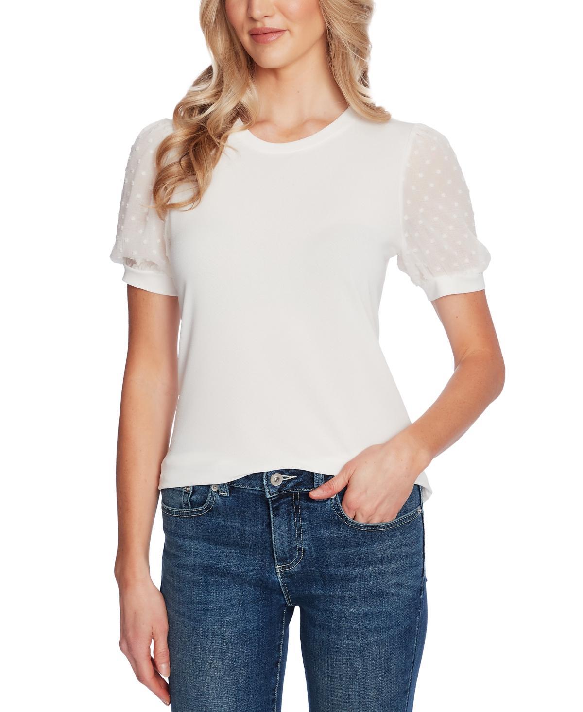 CeCe Round Neck Short Puff Sleeve Mixed Media Knit Shirt Product Image