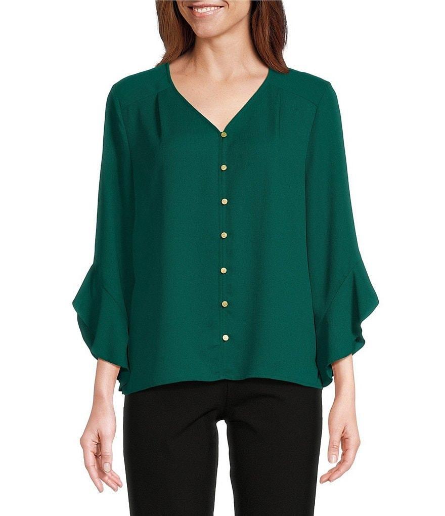 Investments Woven Faux Button Front V-Neck 3/4 Flare Ruffle Sleeve Top Product Image
