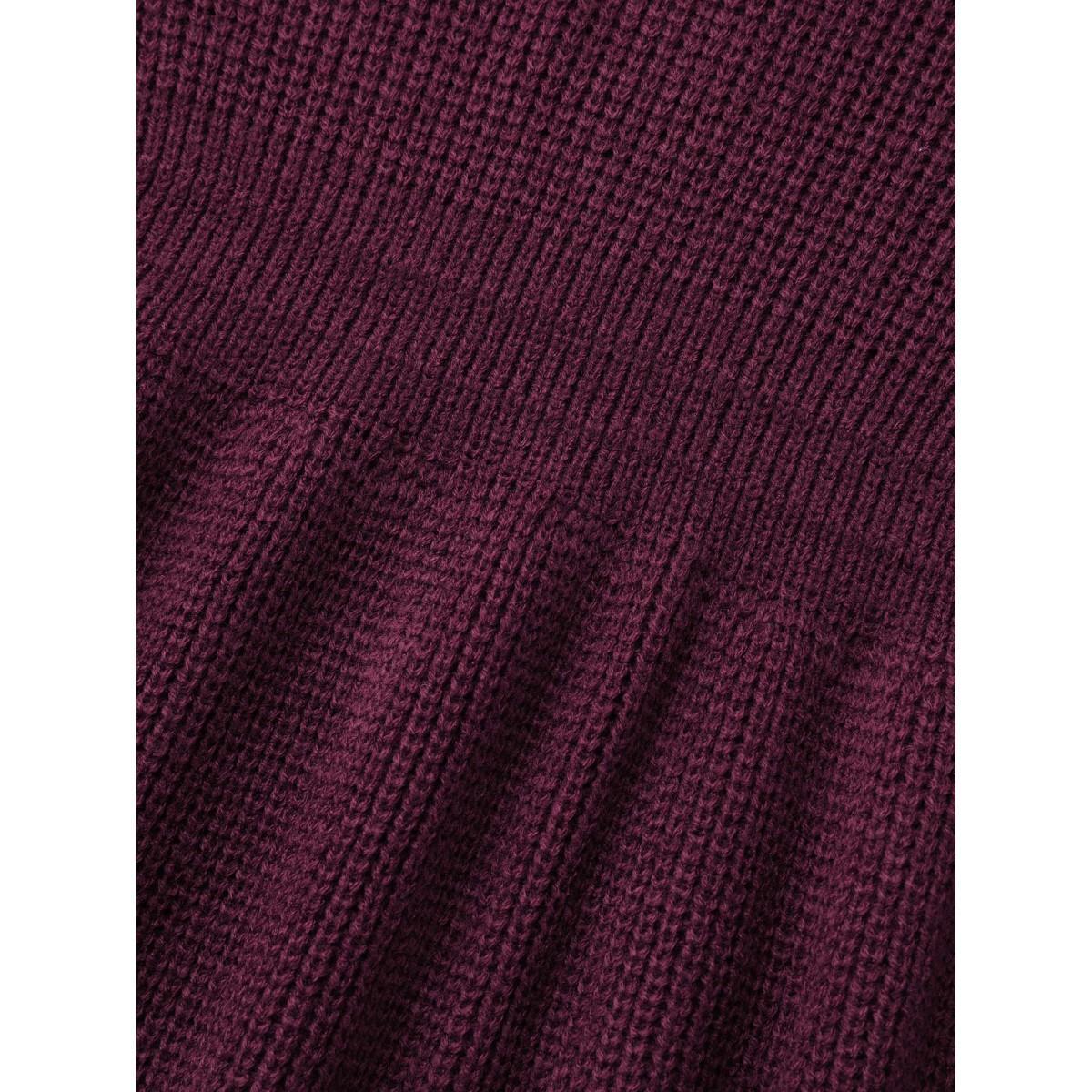 Plus Size Plain Ribbed Knit Waist Cinched Pullover Burgundy Women Elegant Bodycon Long Sleeve V-neck Everyday Pullovers BloomChic 18-20/2X Product Image
