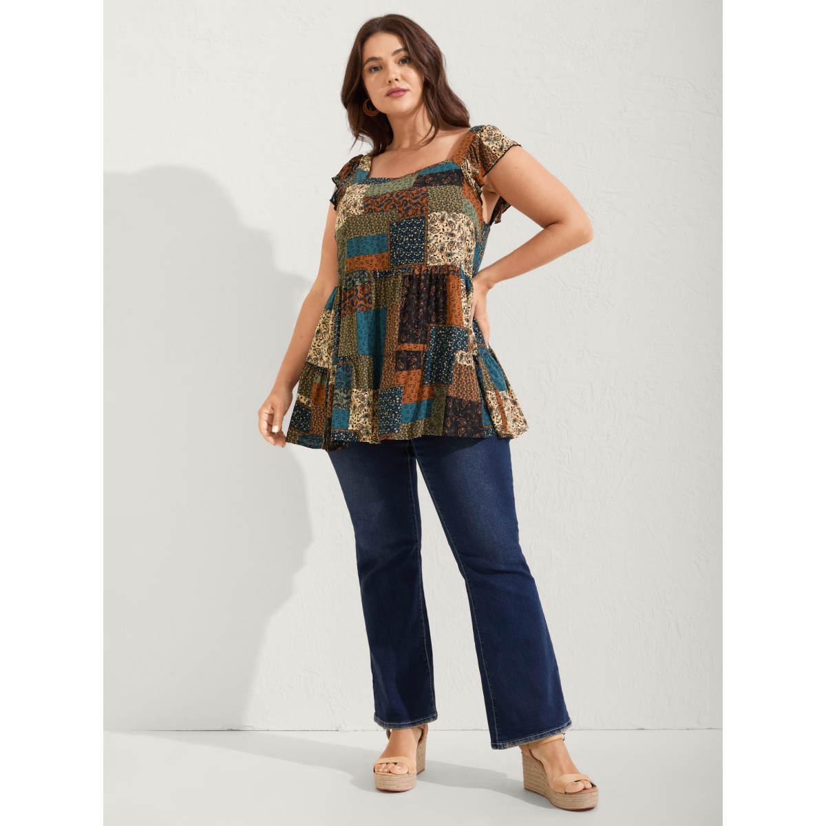 Plus Size Floral Collage Print Layered Tank Top Women Multicolor Gathered Square Neck Vacation Tank Tops Camis BloomChic 14-16/1X Product Image