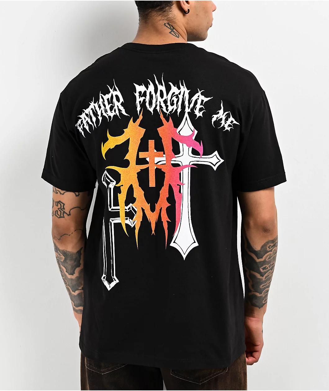 Father Forgive Me Skull Cross Black T-Shirt Product Image