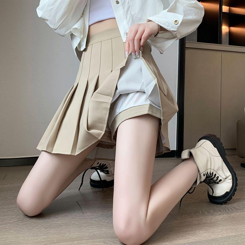 High Waist Plain Pleated Mini A-Line Skirt Product Image