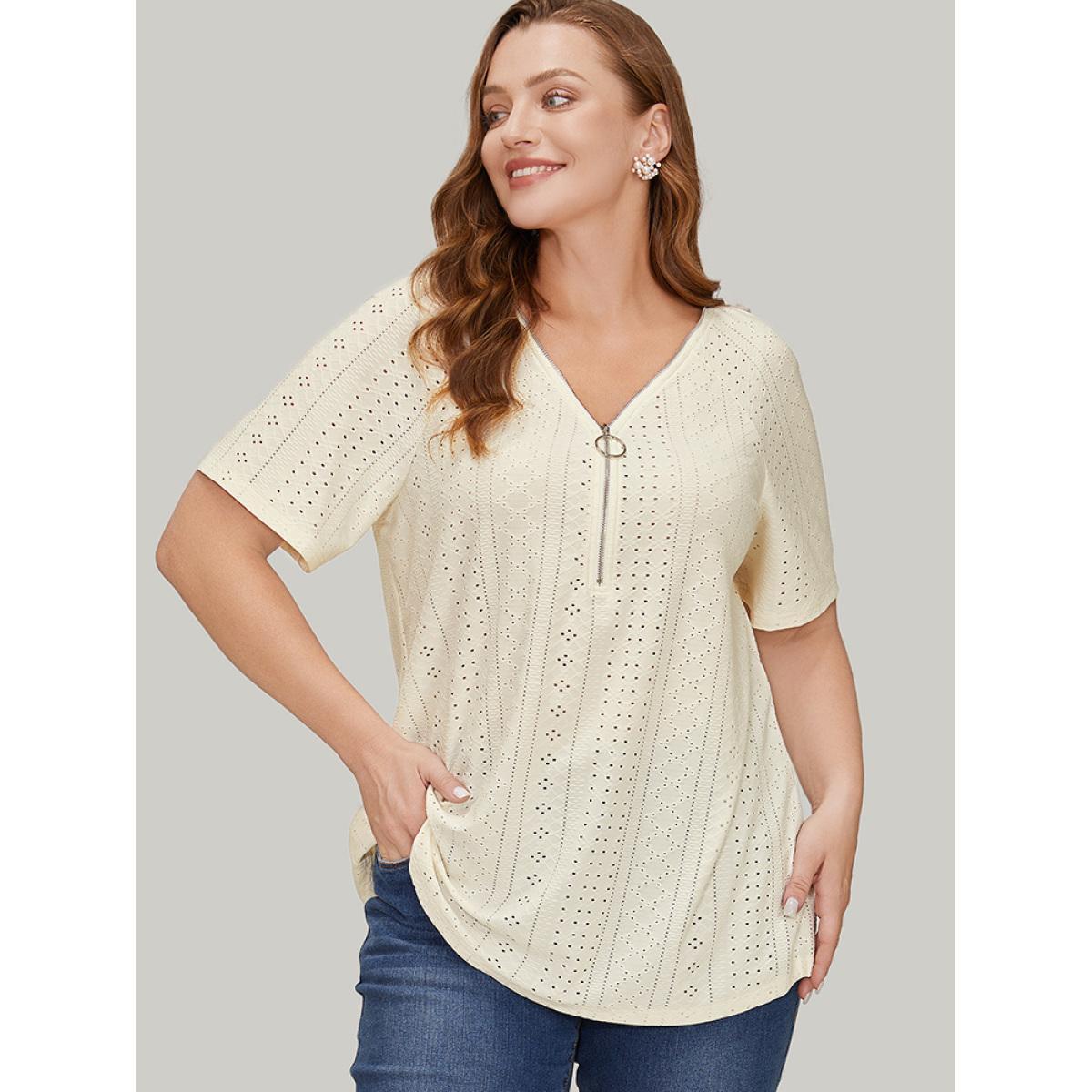 Plus Size Solid Half Zipper Broderie Anglaise T-shirt Ivory Women Elegant Zipper Plain V-neck Dailywear T-shirts BloomChic 22-24/3X Product Image