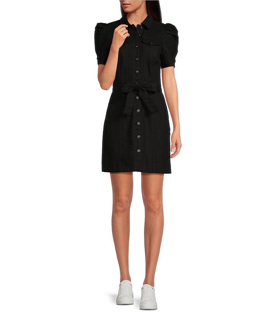 Chelsea & Violet Short Puff Sleeve Button Front Washed Canvas Belted Mini Dress Product Image